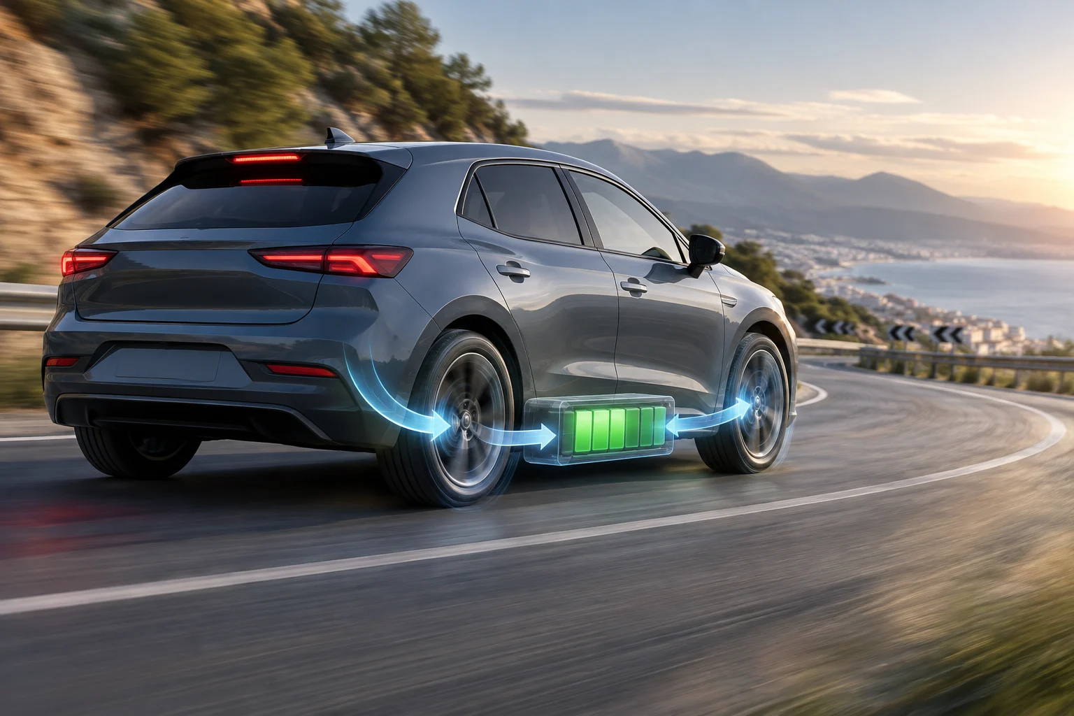 Esquema de un coche que desacelera y transforma energía del movimiento en electricidad almacenada en su batería