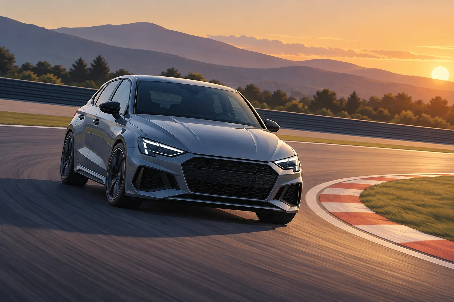 Un coche moderno toma una curva en una pista cerrada.