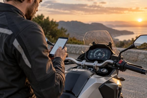Motorista detenido junto a una moto mientras consulta información en una pantalla
