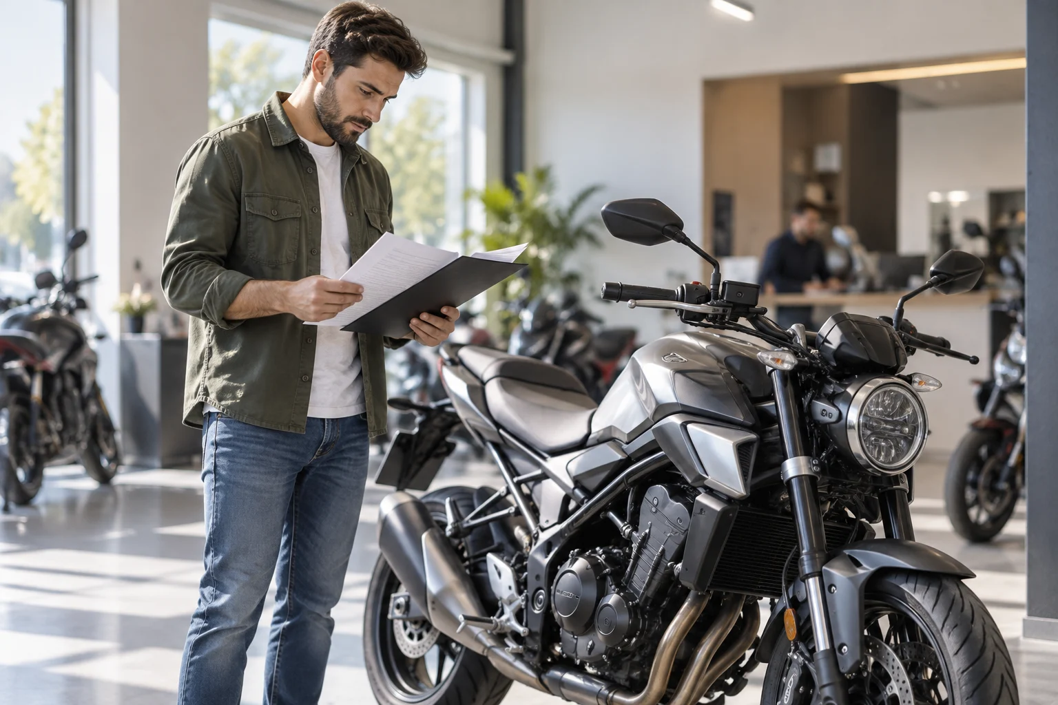 Comprador consulta documentos junto a una motocicleta usada estacionada