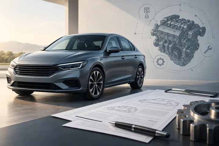 Documentación técnica abierta junto a una ilustración esquemática de un coche