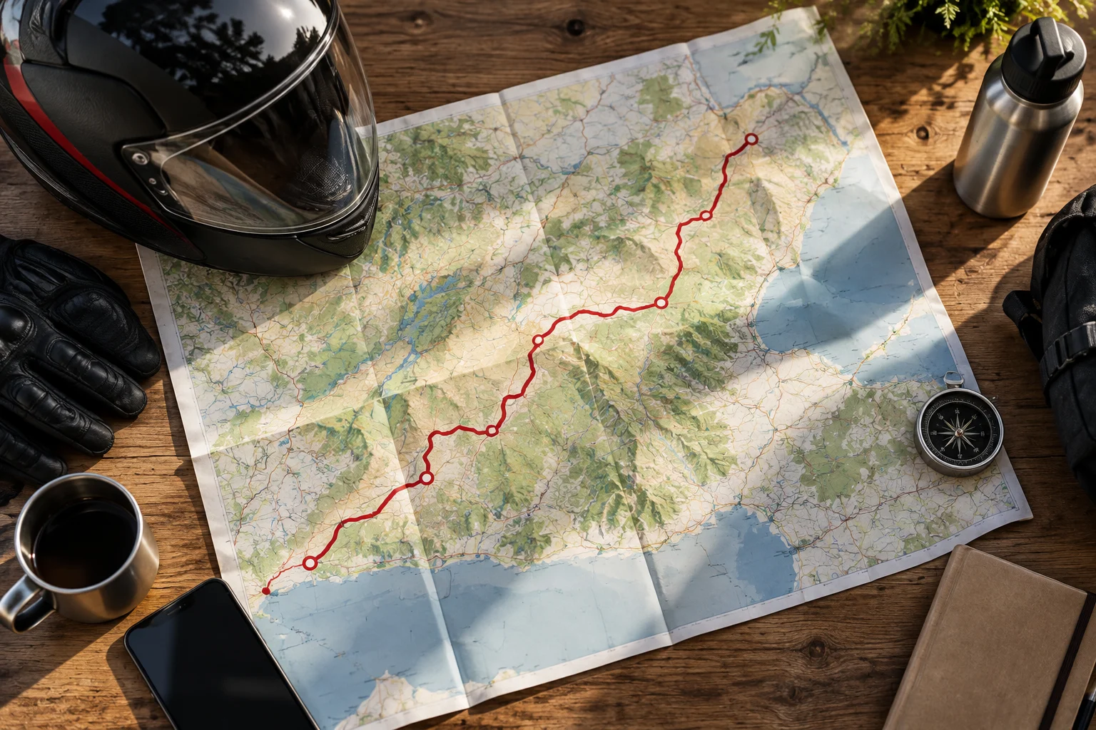 Mapa con una ruta entre varios puntos junto a un casco de moto