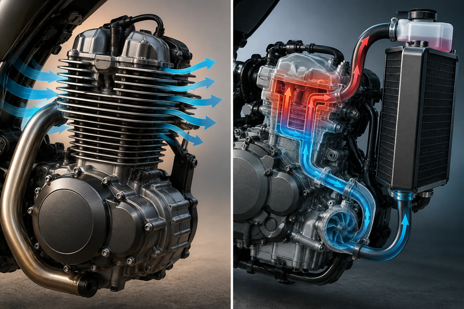 Diagrama técnico de motores de moto con refrigeración por aire y por agua