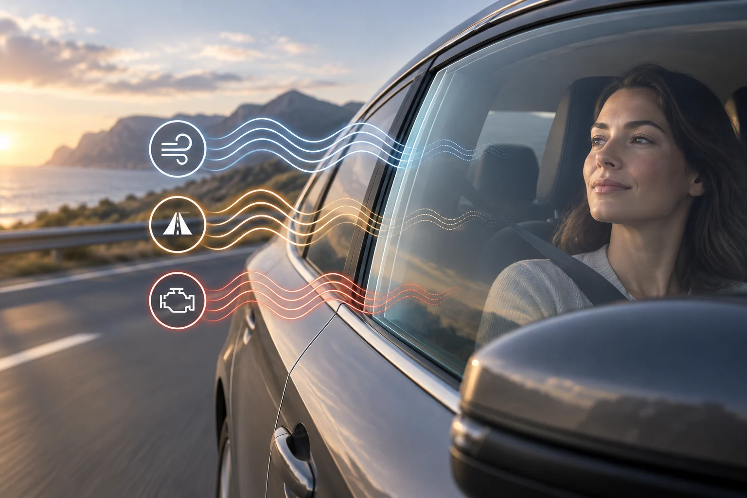 Representación gráfica de sonidos de carretera, viento y motor junto a una ventanilla de coche