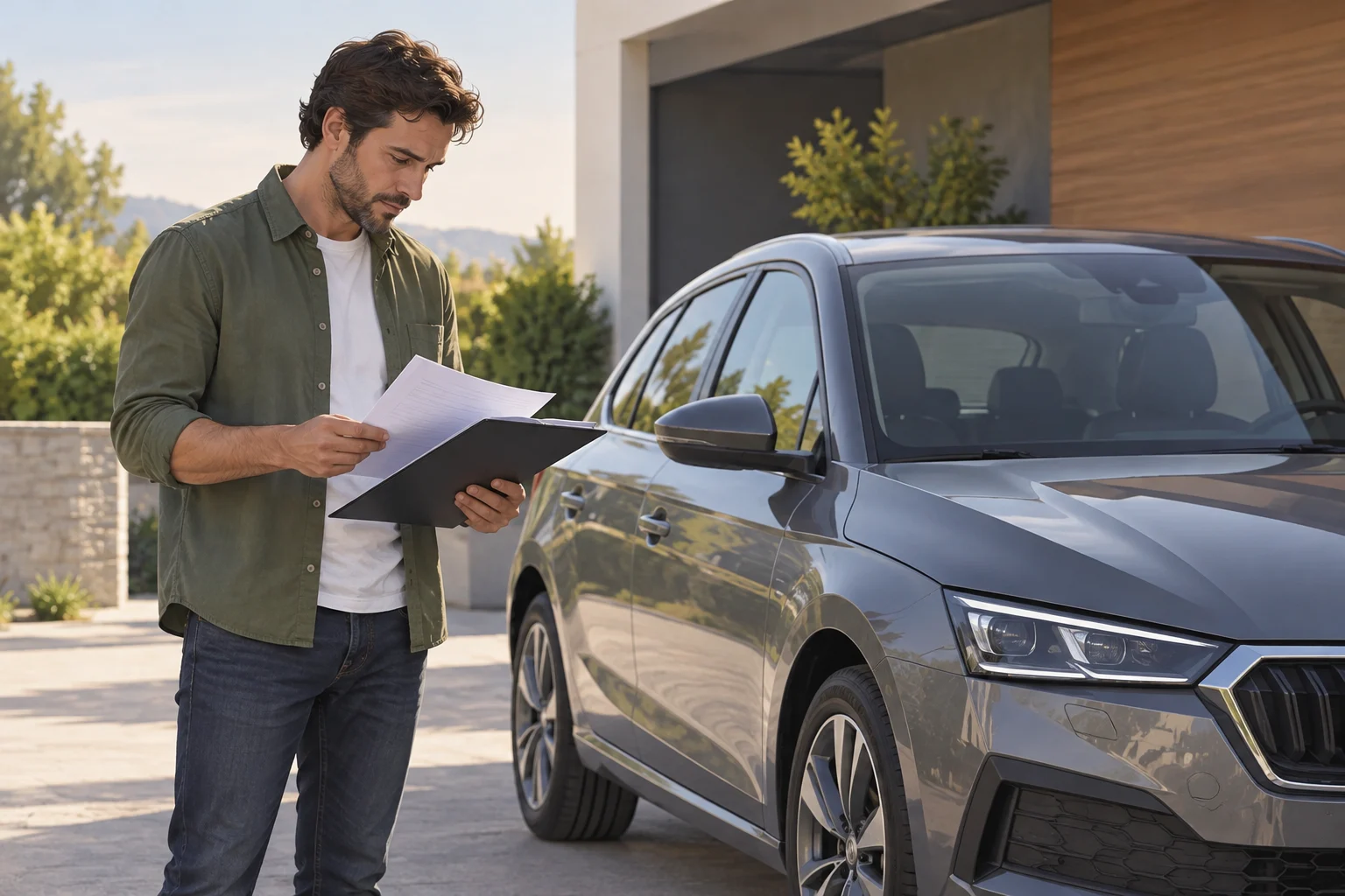 Persona revisa la documentación de un coche estacionado, con el vehículo visible al fondo