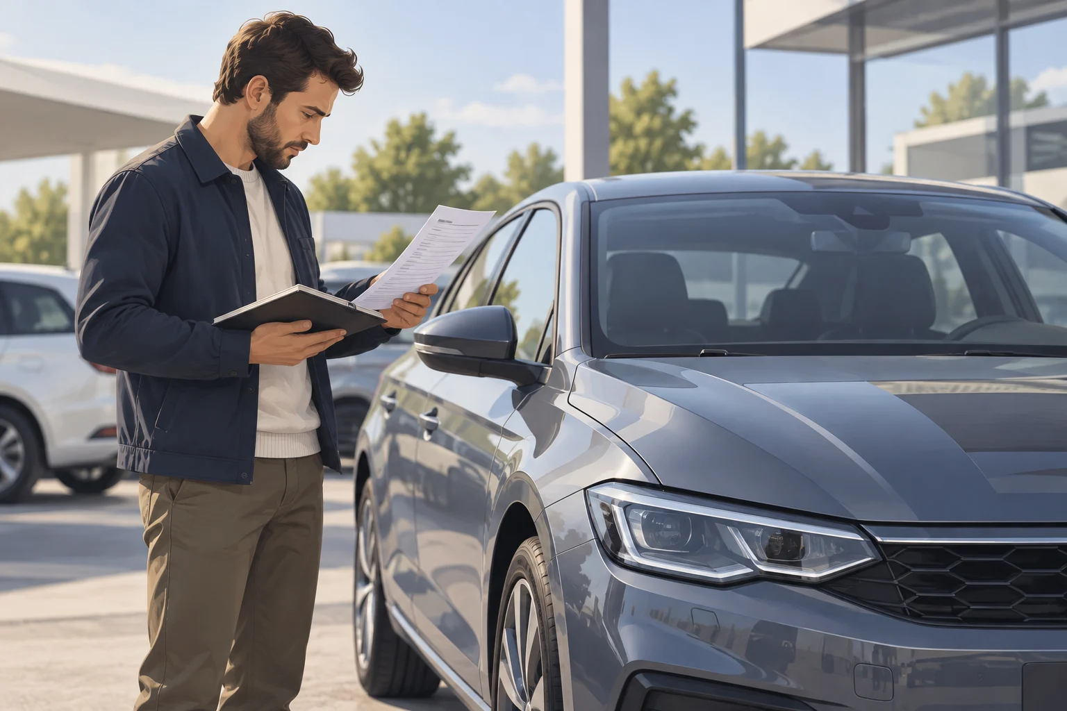 Persona consulta documentación técnica junto a un coche estacionado