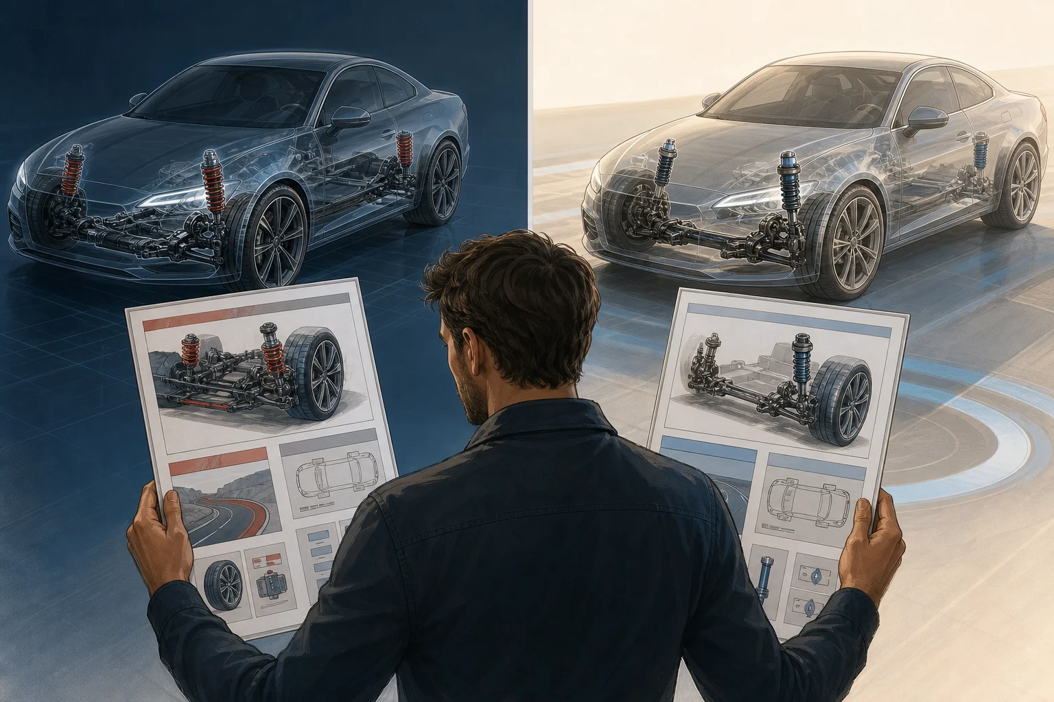 Conductor comparando dos configuraciones de suspensión en las fichas de dos coches genéricos.