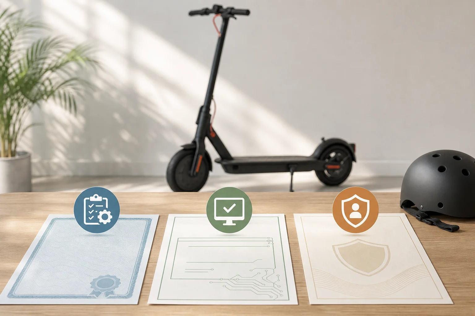 Patinete eléctrico junto a documentos que representan la certificación, la inscripción y el seguro.