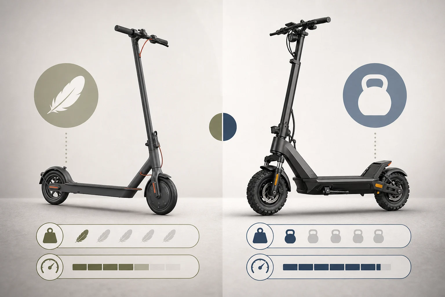 Comparación visual entre un patinete eléctrico ligero y otro más pesado para explicar su clasificación.
