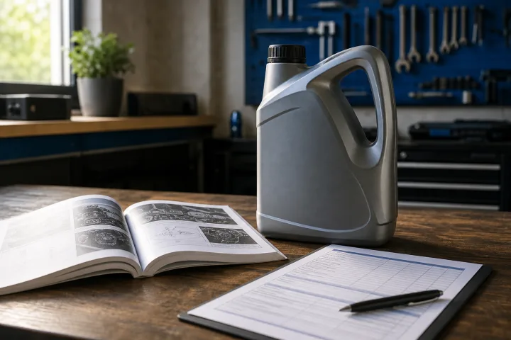 Envase de aceite de motor junto a un manual de vehículo abierto en una mesa de taller limpia