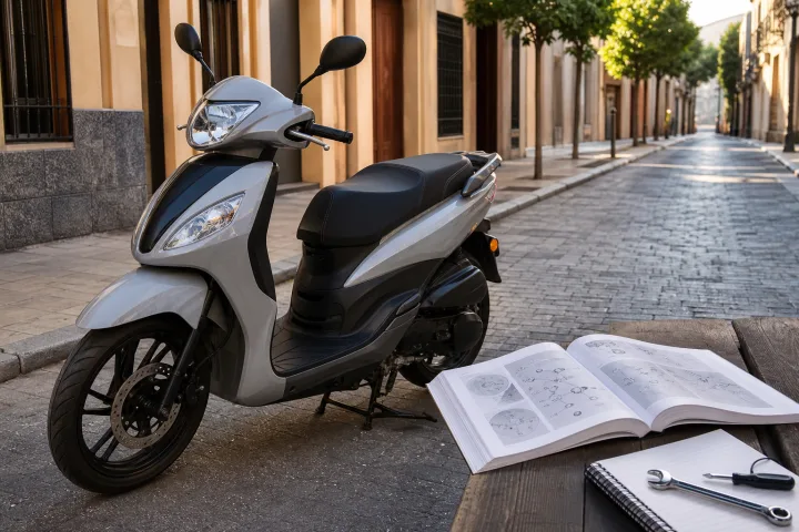 Scooter automático aparcado junto a su manual de usuario abierto y un cuaderno de mantenimiento