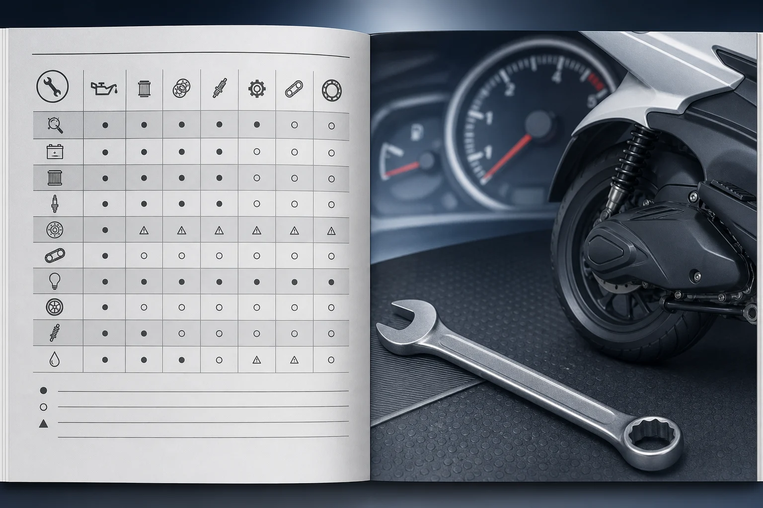 Manual de scooter abierto en una tabla de mantenimiento junto a un odómetro