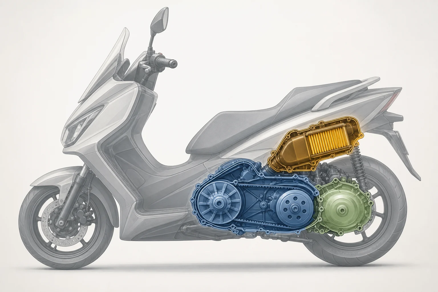 Esquema simplificado de las zonas de transmisión y grupo final de un scooter automático