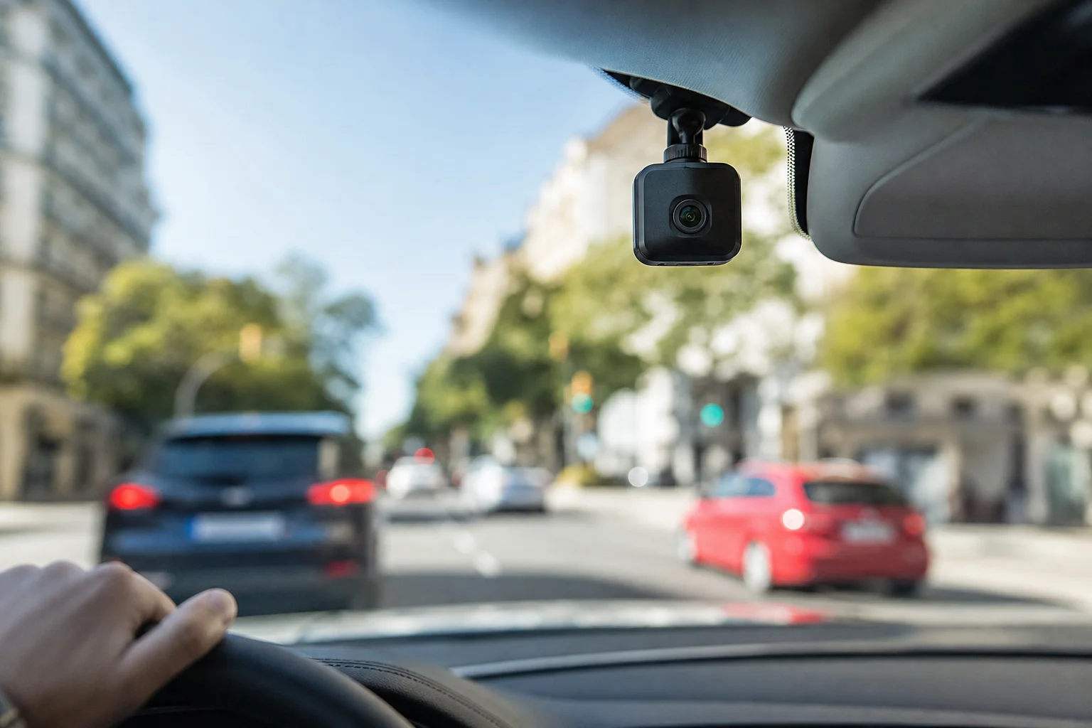 Cámara compacta instalada detrás del parabrisas de un coche, orientada hacia la carretera sin mostrar datos legibles