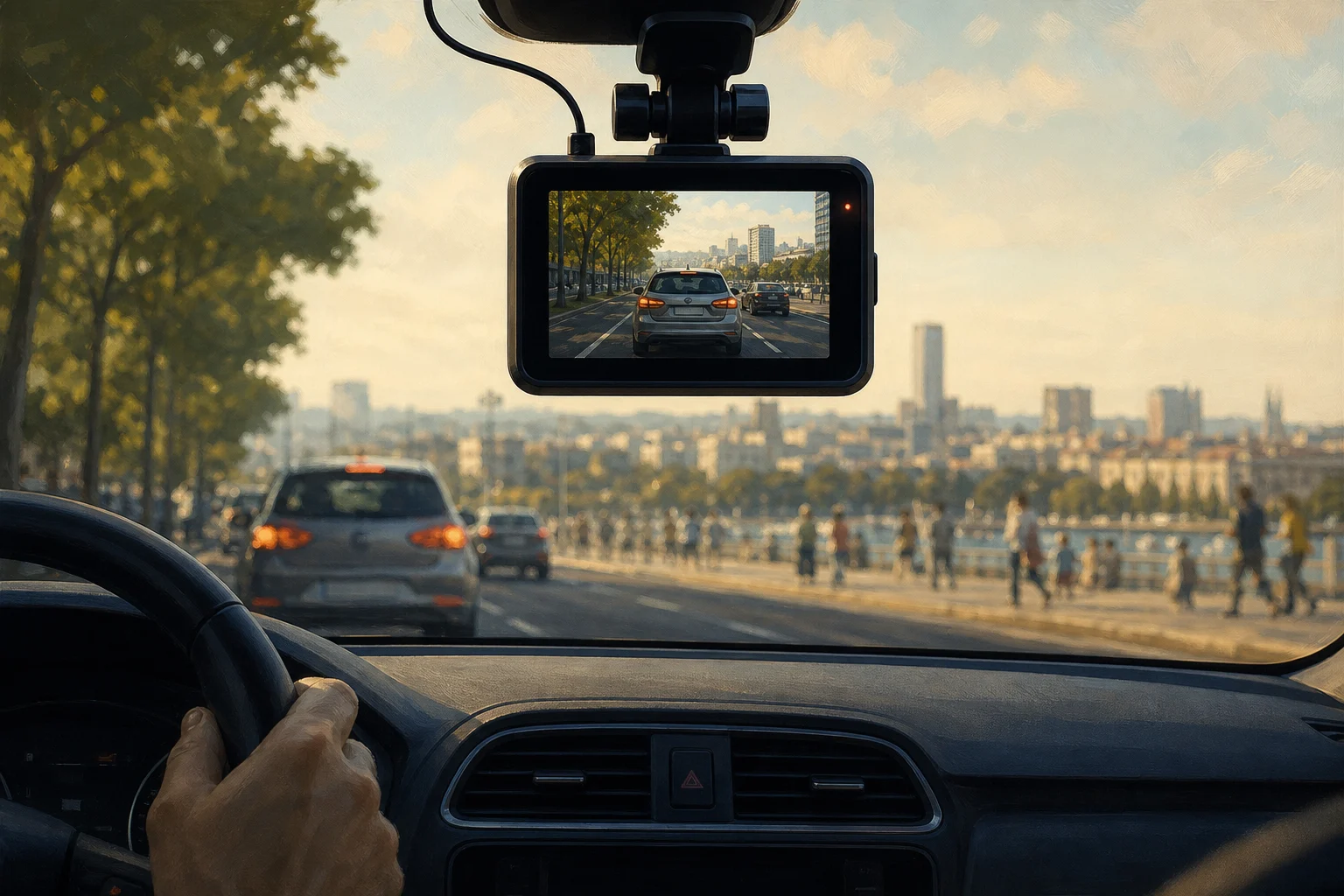 Dashcam orientada hacia el carril de circulación y el tráfico cercano