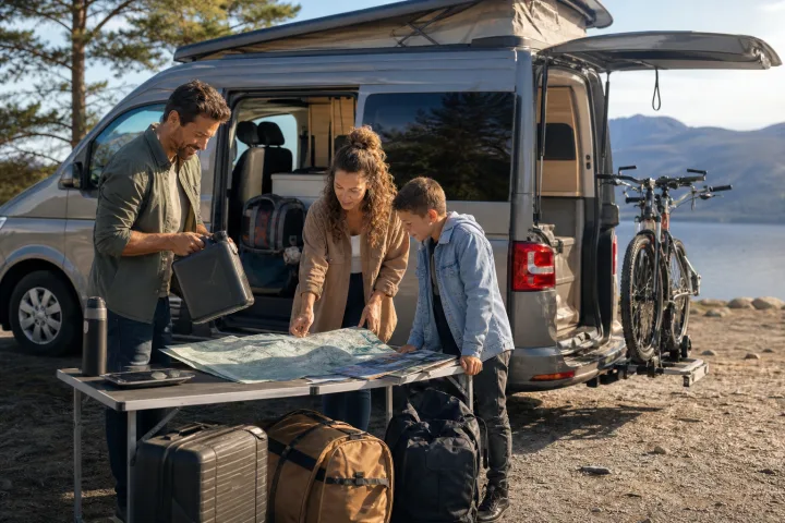 Familia preparando equipaje y bicicletas junto a una autocaravana, con una lista de carga y documentación del vehículo