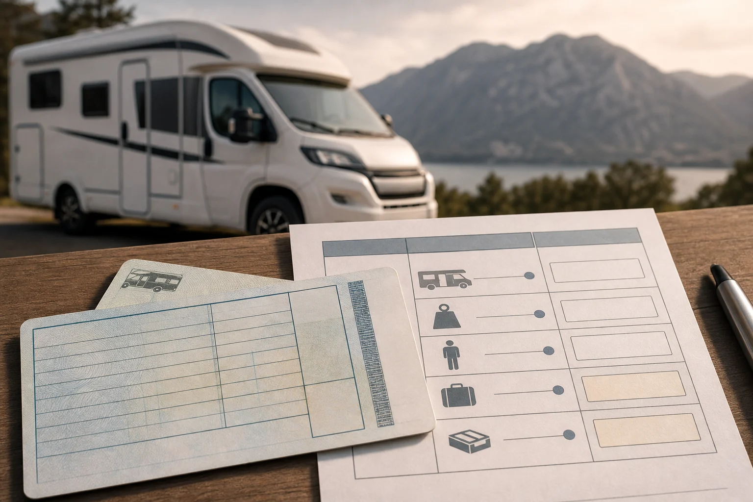 Documentación de una camper junto a una hoja de planificación de masas y equipaje