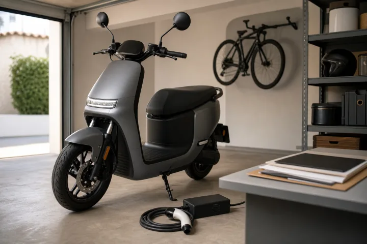 Moto eléctrica tipo scooter estacionada junto a un punto de recarga en un garaje residencial