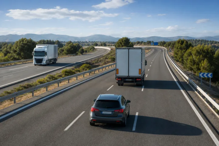 Turismo que mantiene distancia detrás de un camión en una carretera de varios carriles