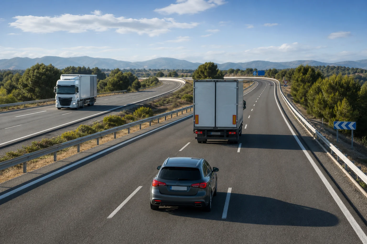Turismo que mantiene distancia detrás de un camión en una carretera de varios carriles