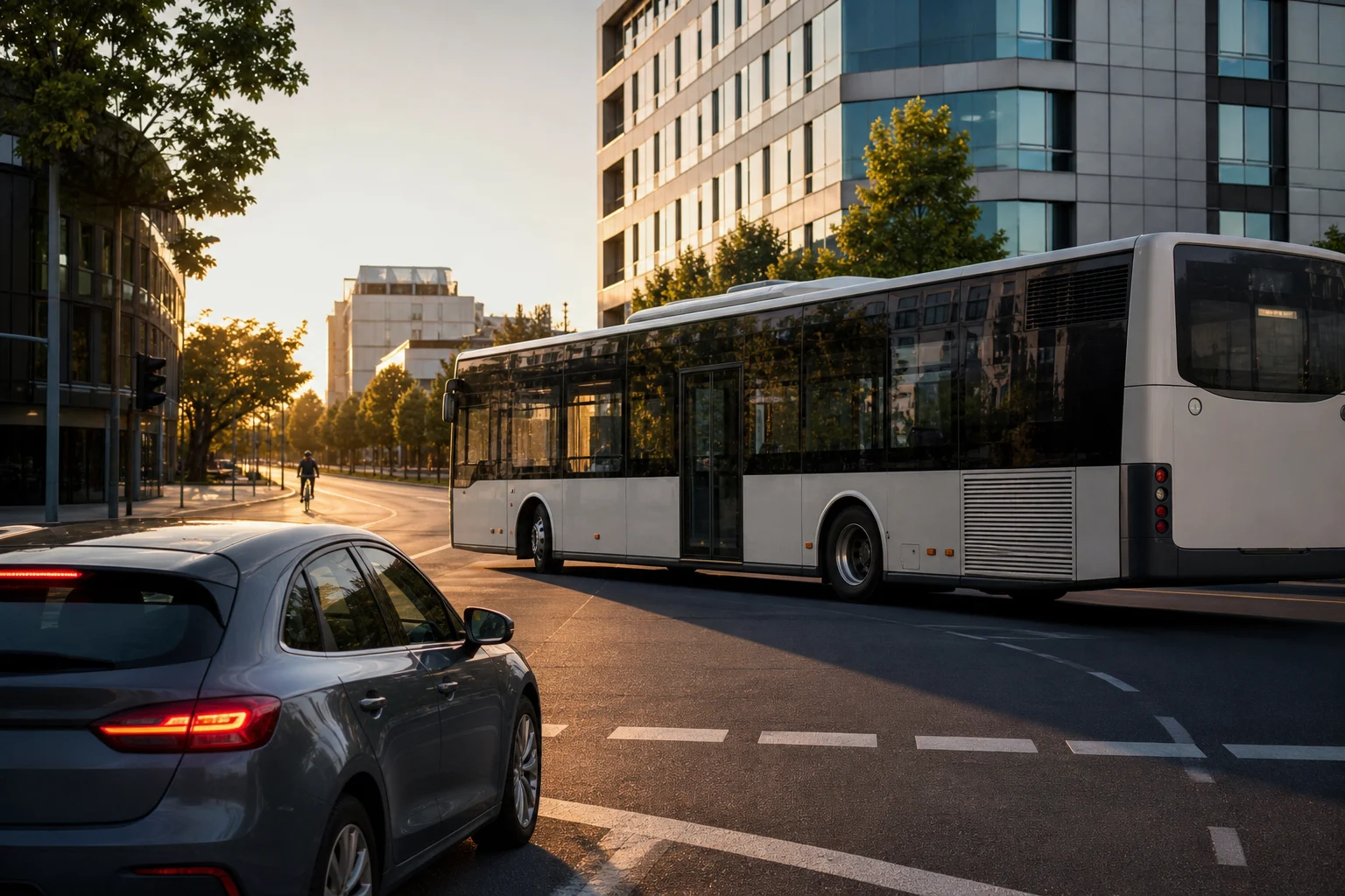 Turismo espera detrás de un autobús que necesita espacio para girar en ciudad