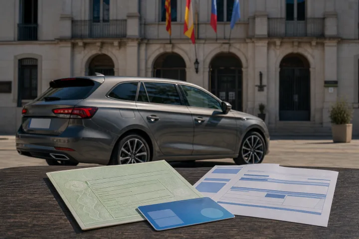 Coche estacionado junto a un ayuntamiento español con documentación del vehículo y un recibo municipal sobre una mesa