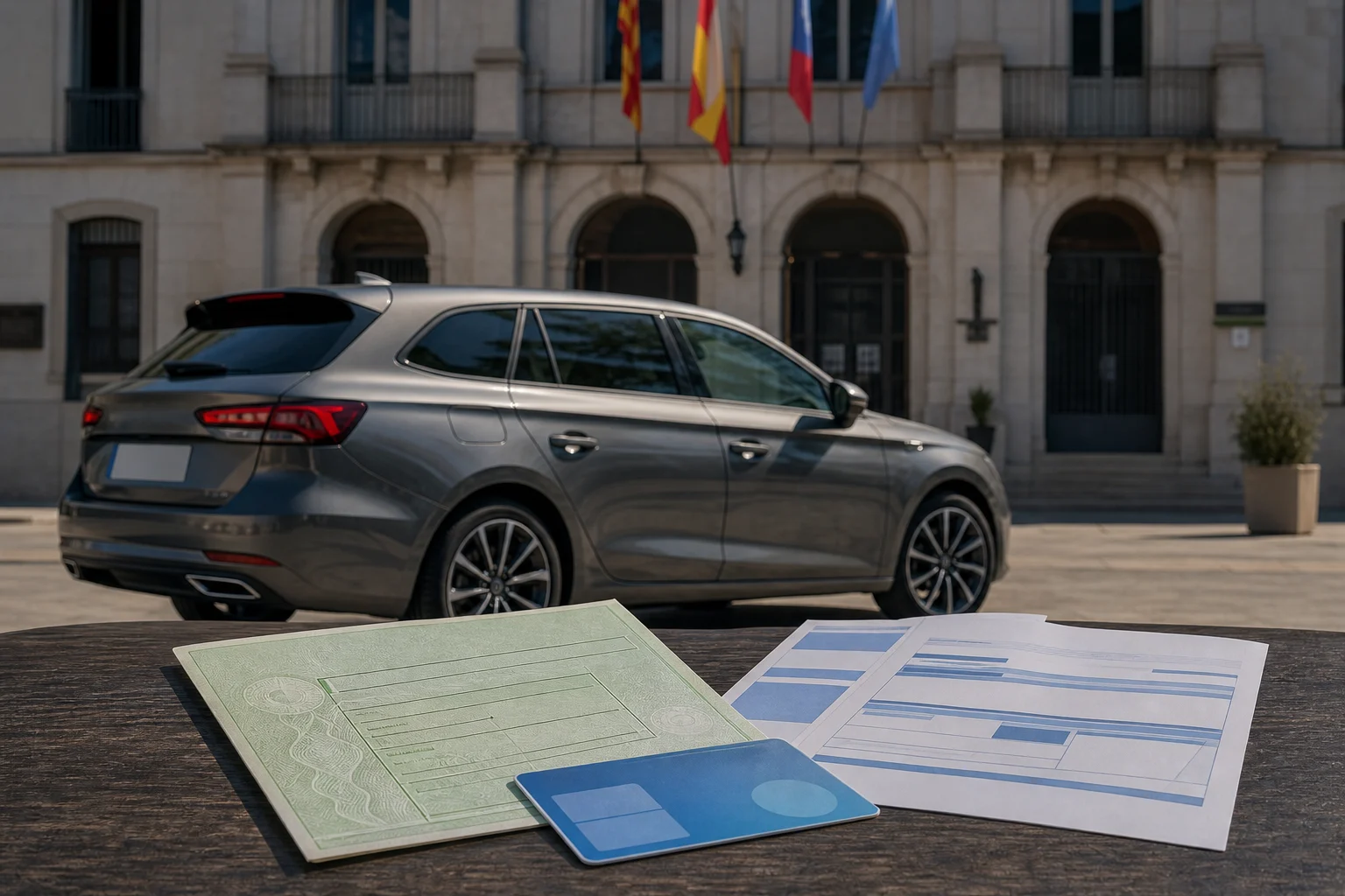 Coche estacionado junto a un ayuntamiento español con documentación del vehículo y un recibo municipal sobre una mesa