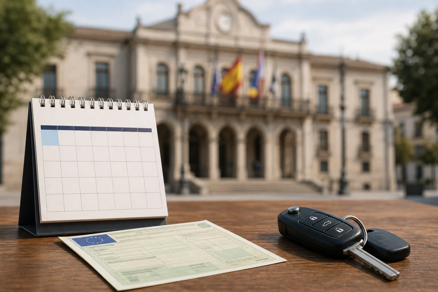 Calendario marcado en enero junto a las llaves, un permiso de circulación y la silueta de un ayuntamiento al fondo
