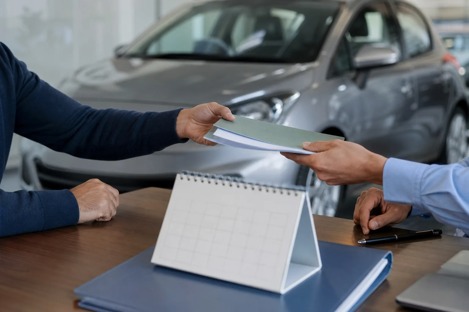 Documentación de una compraventa de coche junto a un calendario y un vehículo compacto aparcado