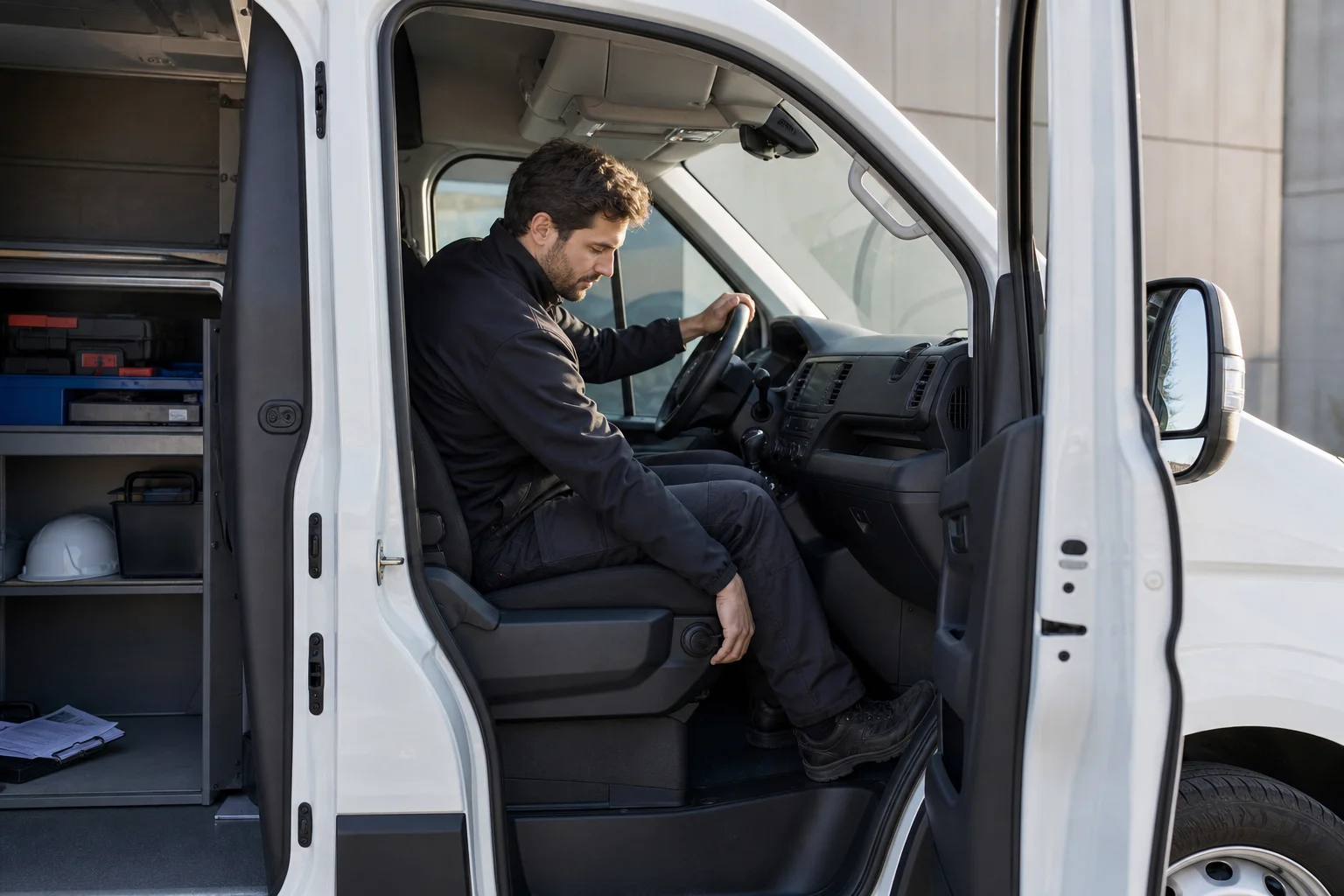 Conductor ajustando asiento y volante en la cabina de una furgoneta de trabajo estacionada