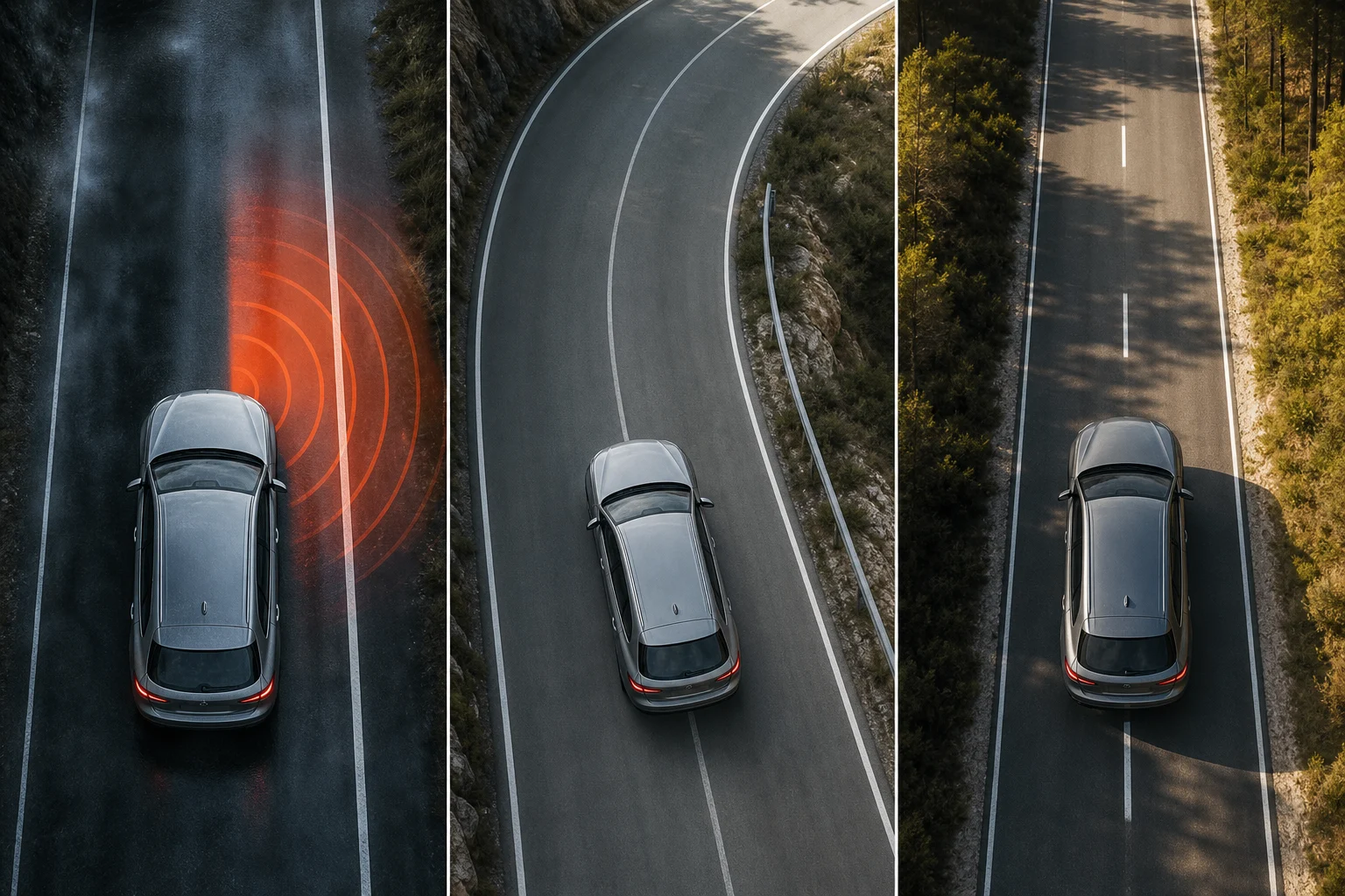 Tres representaciones de un coche que recibe aviso, corrección y ayuda de centrado entre líneas de carril