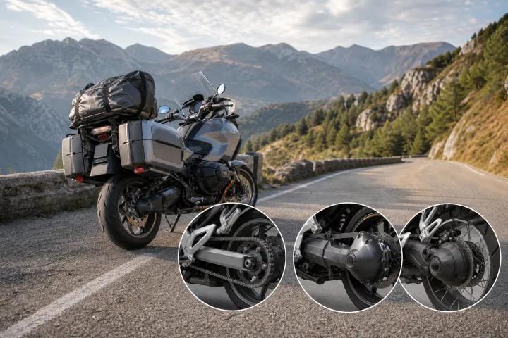 Moto touring cargada con maletas junto a una carretera de montaña, vista trasera de la transmisión final.
