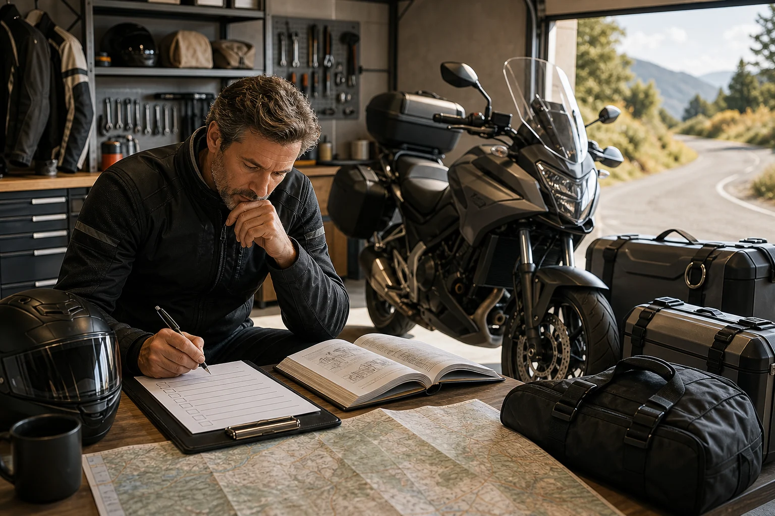 Motorista revisando el manual de una moto touring con maletas antes de preparar un viaje.