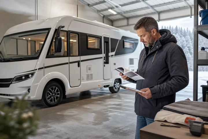Autocaravana estacionada en invierno junto a una lista de comprobación y material de mantenimiento básico