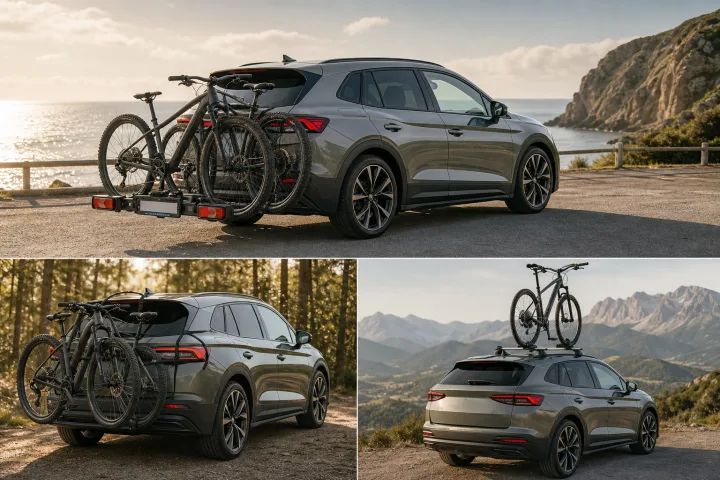 Turismo visto desde atrás con tres soluciones de transporte de bicicletas: bola de remolque, portón y barras de techo