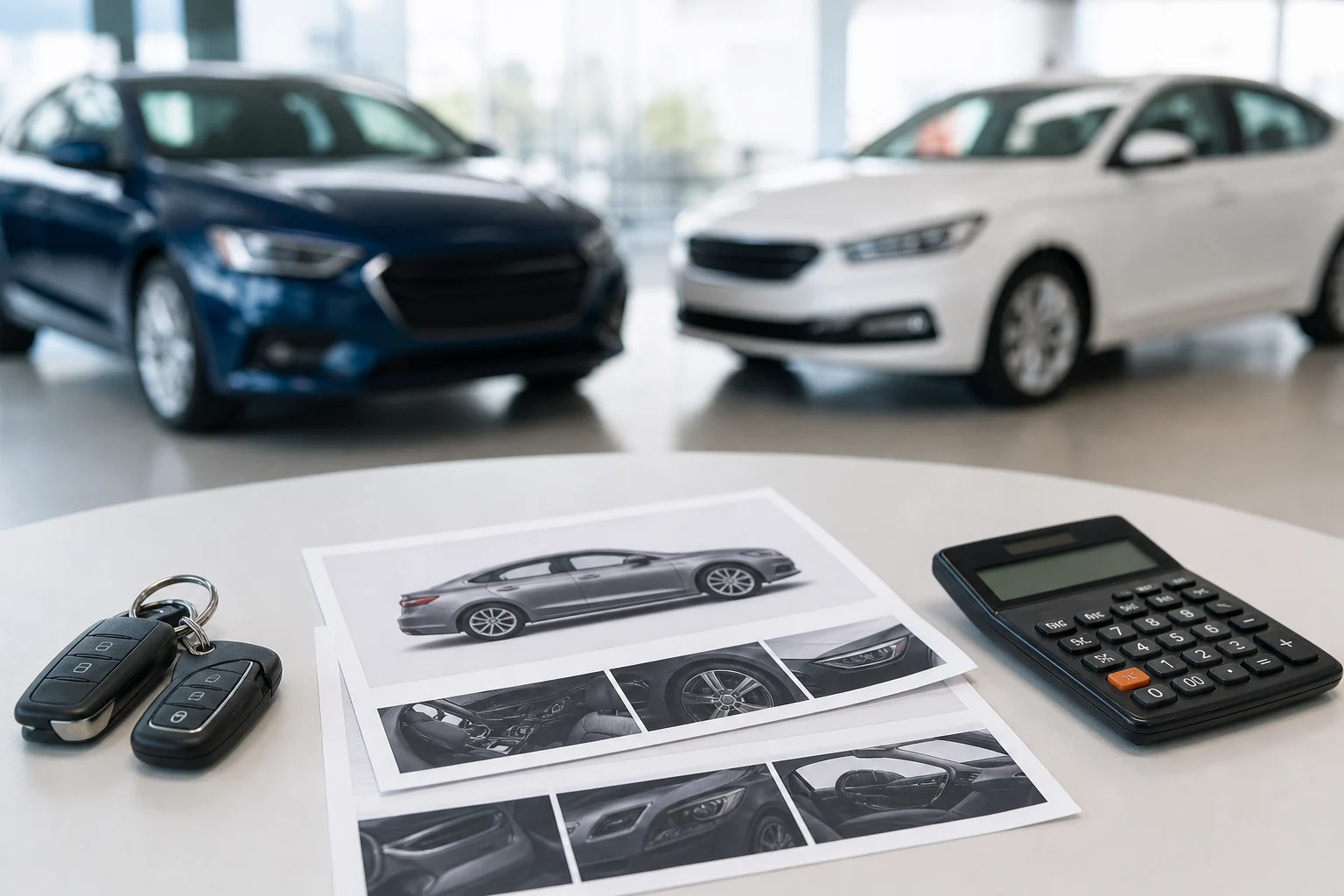 Dos fichas técnicas de coches junto a una calculadora sobre una mesa, con un turismo moderno desenfocado al fondo.