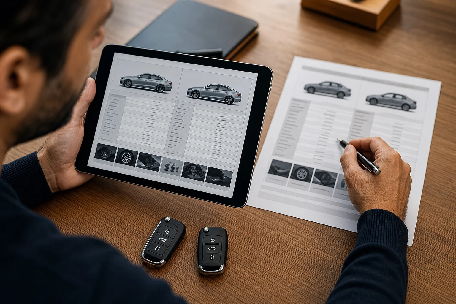 Persona comparando dos fichas técnicas genéricas de automóvil en una tableta y en papel.