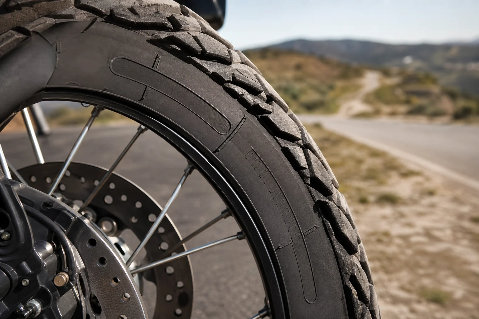 Detalle del flanco de un neumático de moto trail montado sobre una llanta.