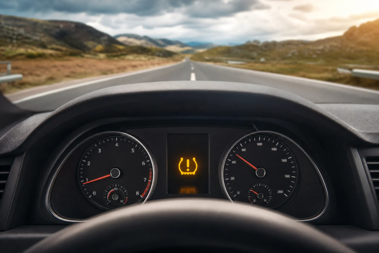 Cuadro de instrumentos de un coche con un aviso de presión de neumáticos iluminado