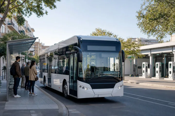 Autobús eléctrico urbano circulando junto a una parada mientras otro vehículo carga en una cochera al fondo