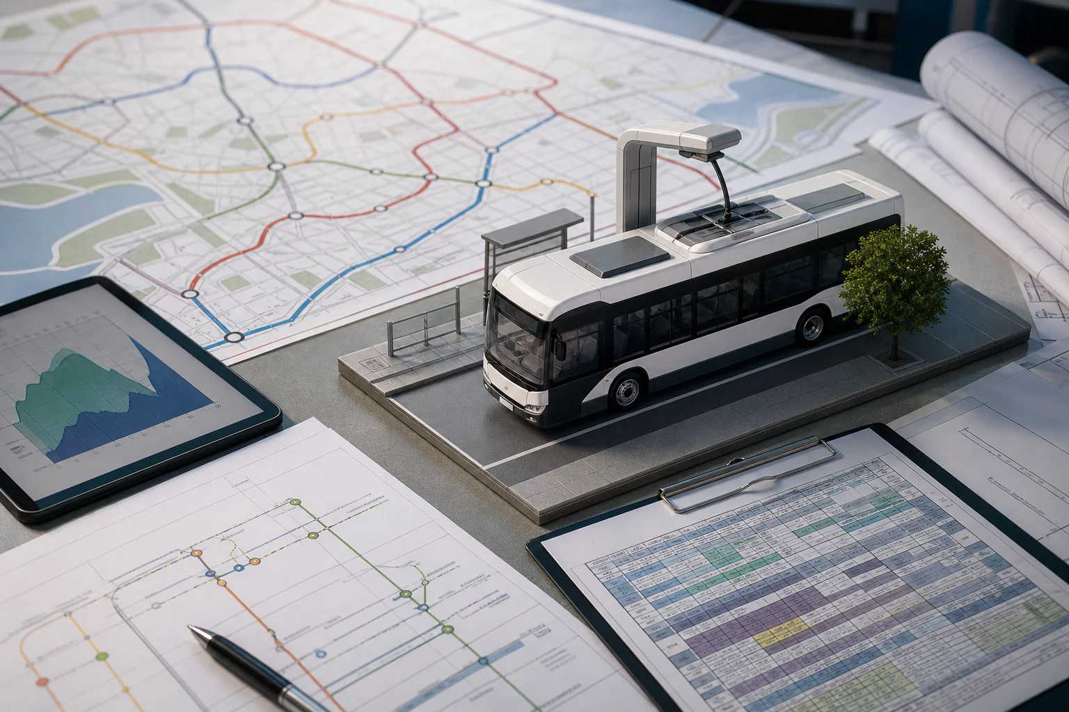 Documentación de una línea urbana, un horario de servicio y una maqueta de autobús eléctrico sobre una mesa
