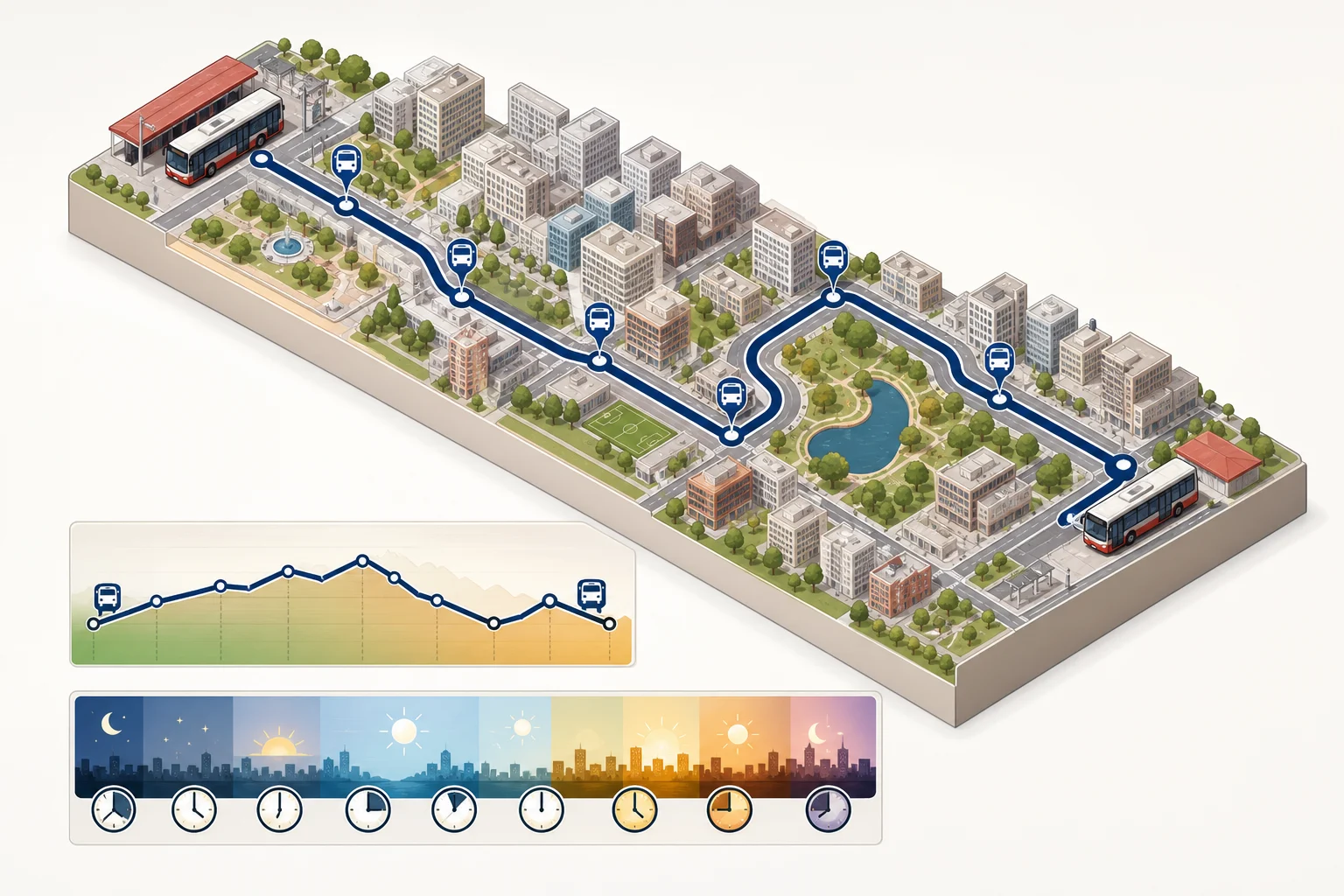 Esquema visual de un recorrido urbano con paradas, cabeceras y variaciones de desnivel
