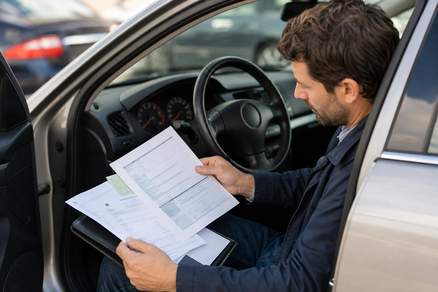 Comprador comparando un informe de vehículo, facturas de mantenimiento y el cuadro de instrumentos de un coche usado