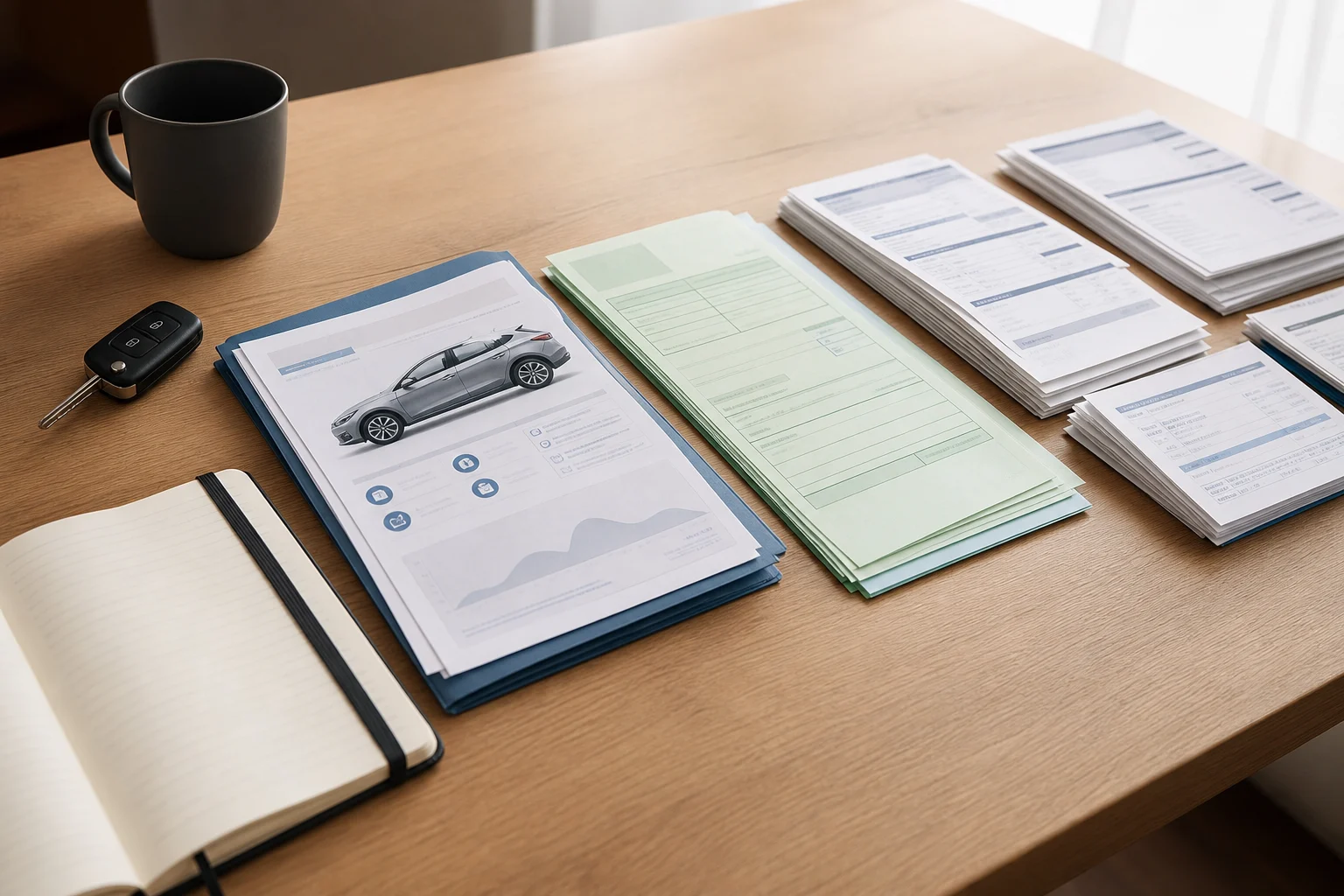Documentos de vehículo y facturas de taller ordenados cronológicamente junto a una llave de coche