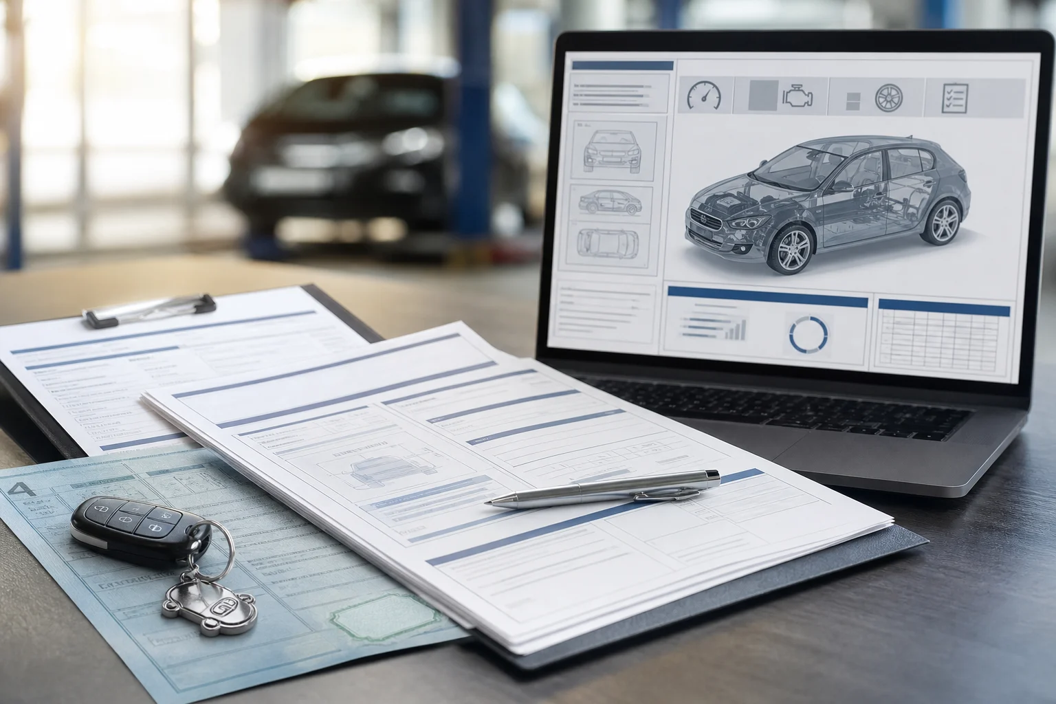 Documentación de automóvil, factura de taller e informe de vehículo en una pantalla